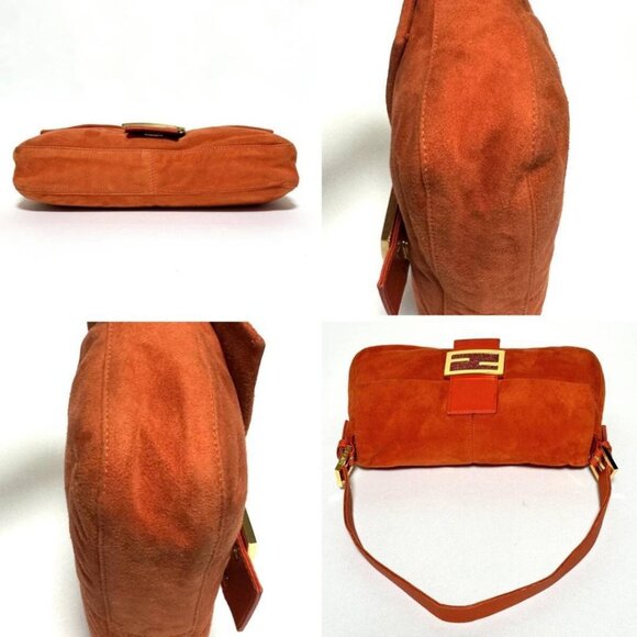 Authentic FENDI Mamma Baguette Orange Suede Gold Glitter Flap Shoulder Bag Purse - Picture 7 of 8